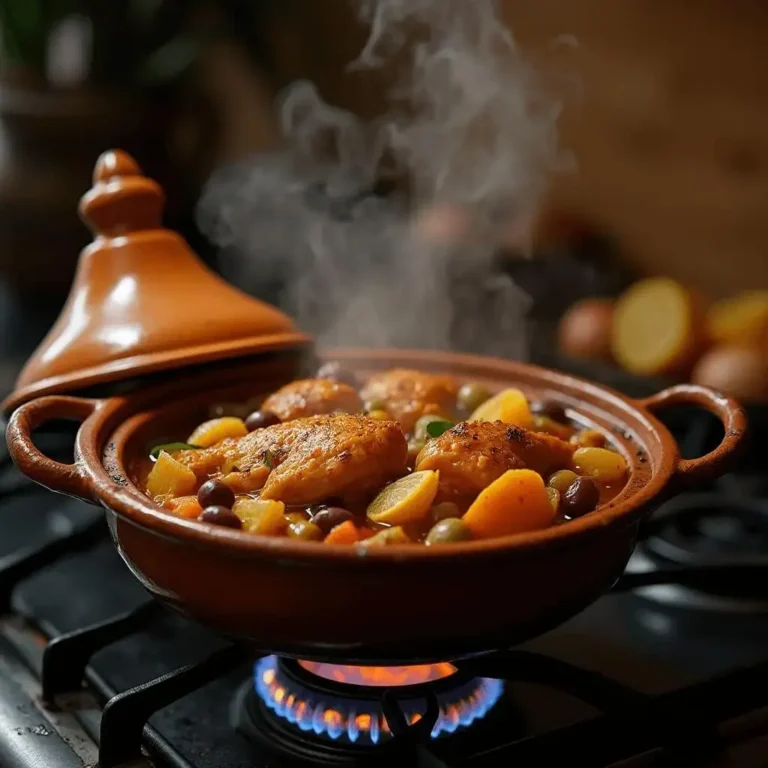 Moroccan chicken tajine in a traditional ceramic tagine pot