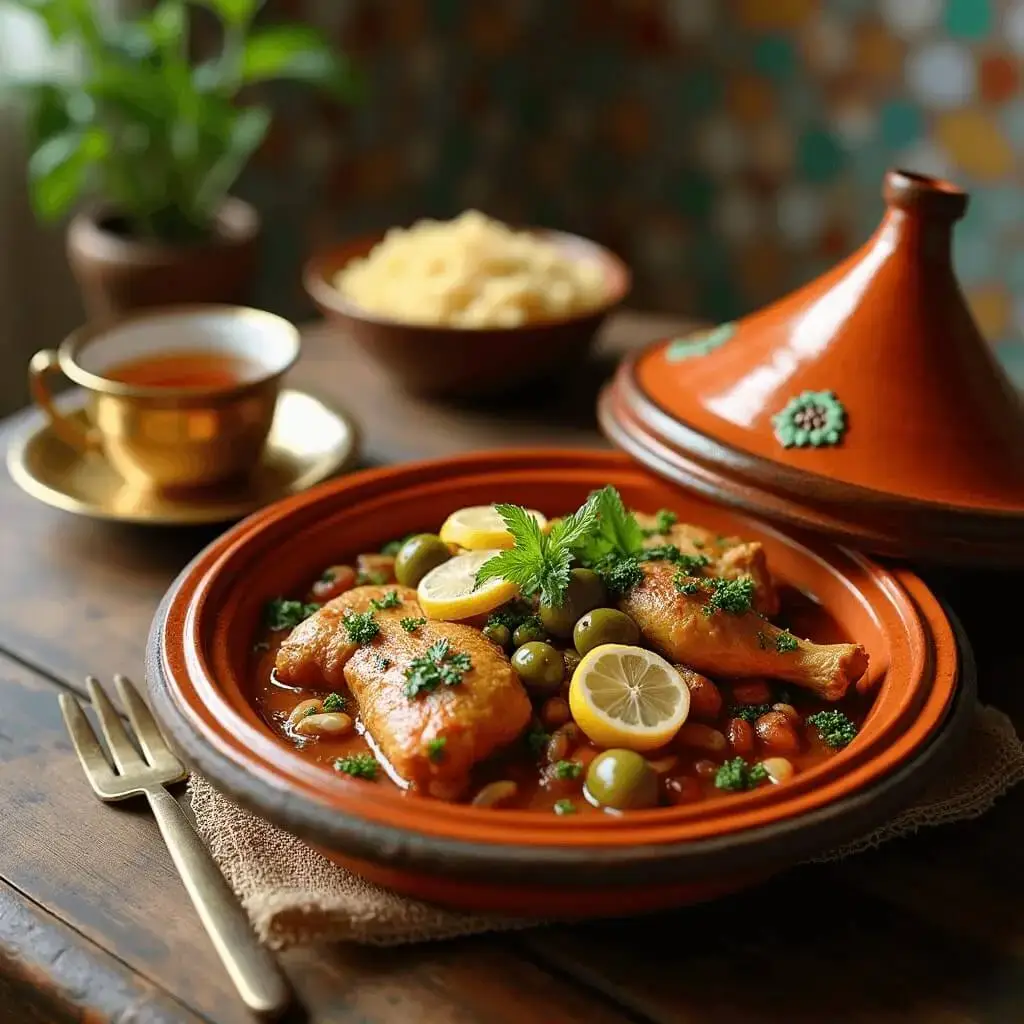Chicken tajine slow-cooking in a tagine pot with the conical lid slightly ajar, steam rising,