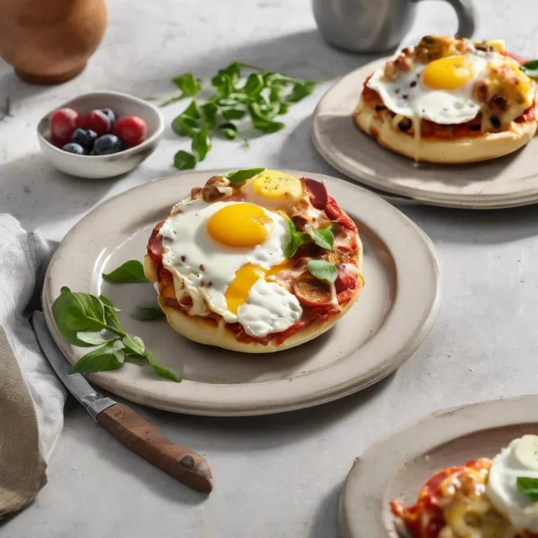 Golden English Muffin Breakfast Pizza with melted cheese, sunny egg, bacon, and avocado on a rustic board, highlighting crispy edges and nook-and-cranny texture.