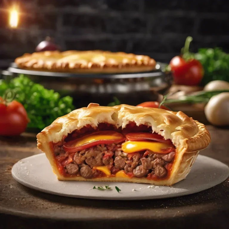 Hamburger Sausage Pepperoni Pie on a rustic wooden board, garnished with fresh basil