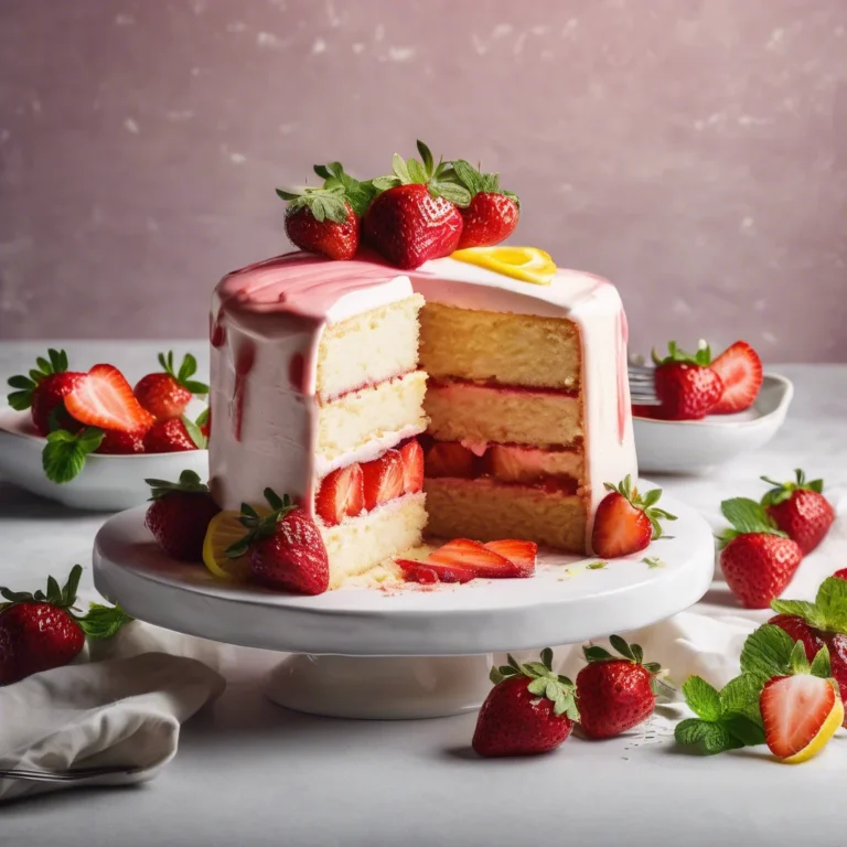 A slice of strawberry lemonade cake with frosting, strawberries, lemon, and mint on a wooden stand.