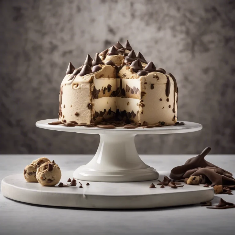 A slice of Chocolate Chip Cookie Dough Ice Cream Cake with chocolate drizzle and strawberries, served on a rustic wooden table.