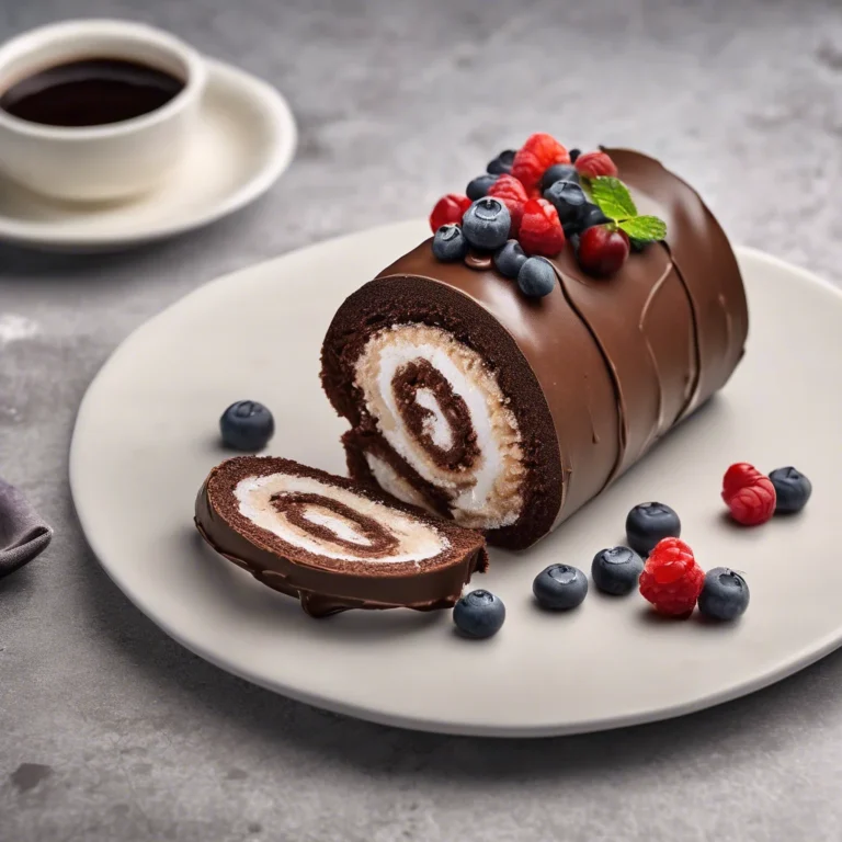 Chocolate Swiss roll cake with ganache spiral on slate stand, dusted with cocoa and powdered sugar, surrounded by fresh raspberries.