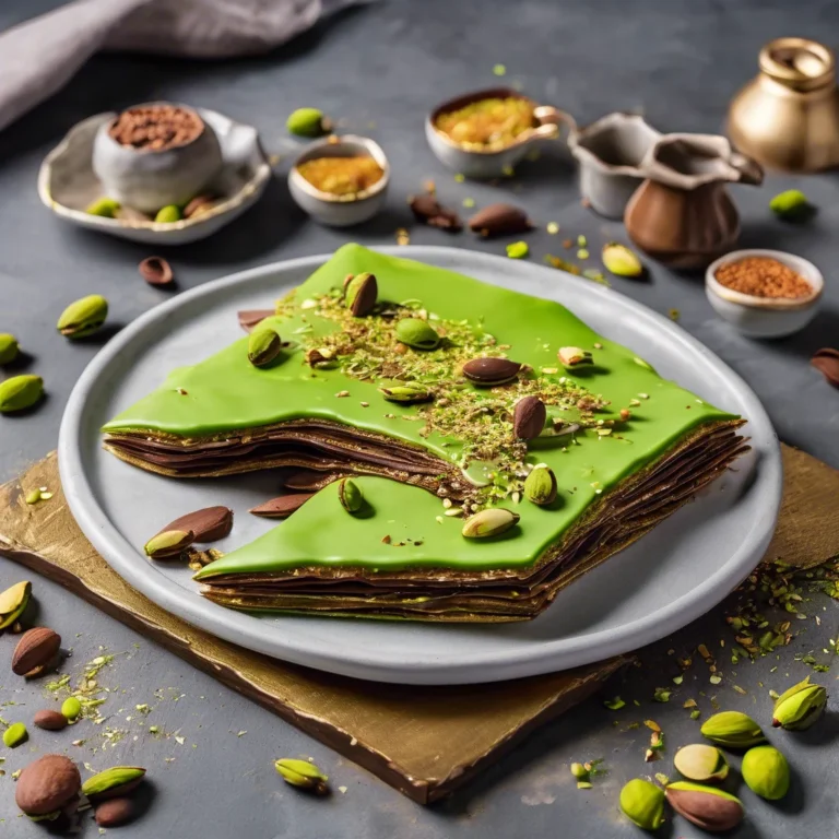 Pistachio knafeh chocolate bark shards on wooden surface with rose petals and sea salt