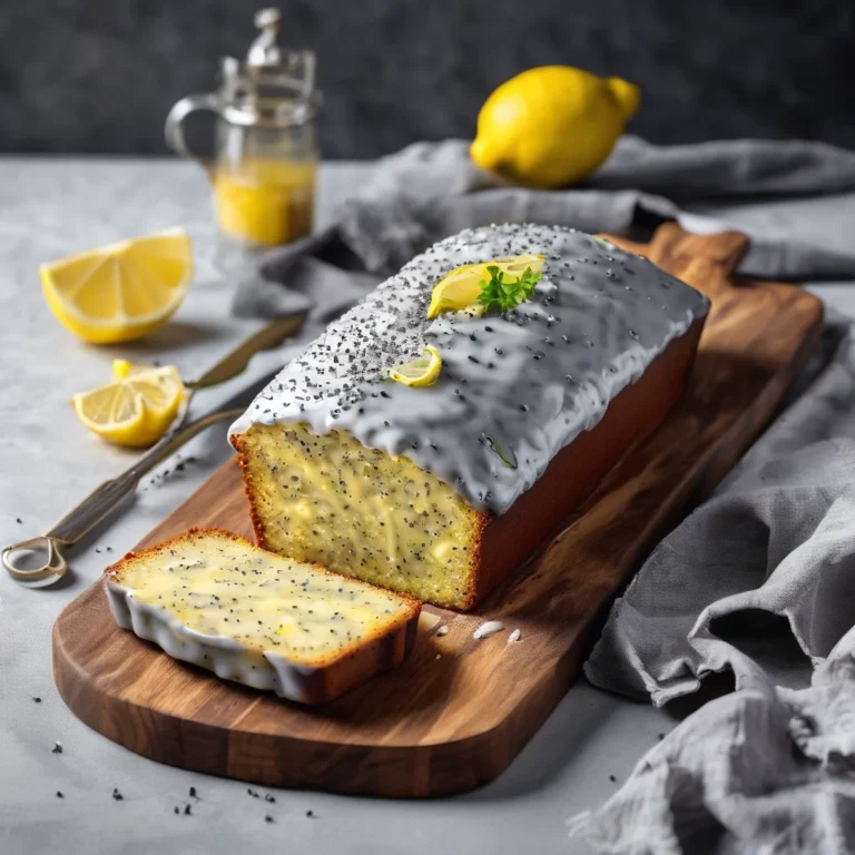 Golden lemon poppy seed loaf with crackled crust on checkered cloth, glazed and garnished with fresh lemons - perfect citrus dessert centerpiece
