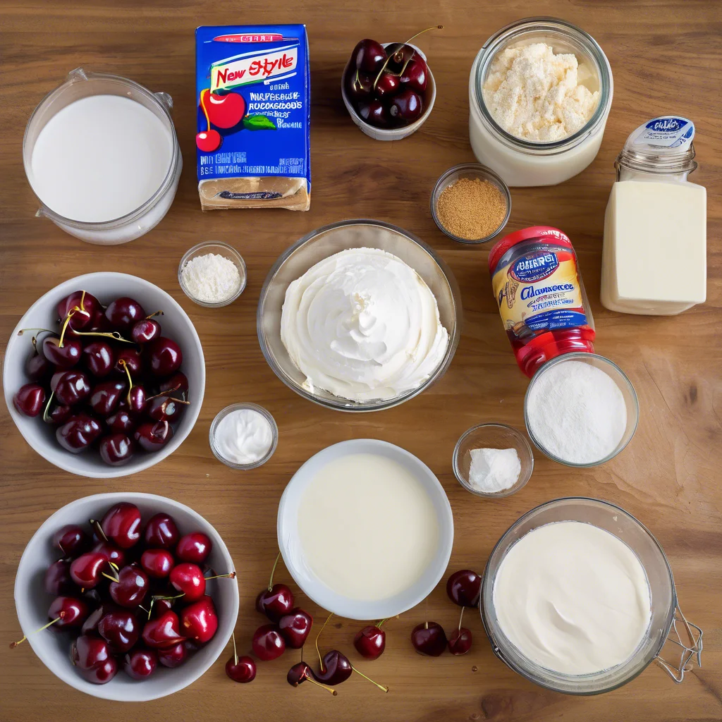 New York Style Cherry Cheesecake on marble countertop with sliced cheesecake and fresh cherries