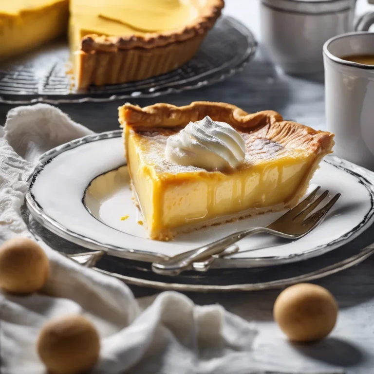 Old-fashioned custard pie with whipped cream and nutmeg on a rustic wooden table