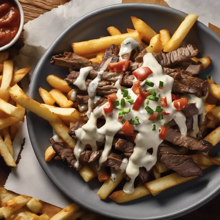 A mouthwatering plate of Philly steak cheese fries topped with tender beef slices, melted provolone cheese, sautéed onions, and bell peppers, served hot and crispy—perfect comfort food for cheese and steak lovers.