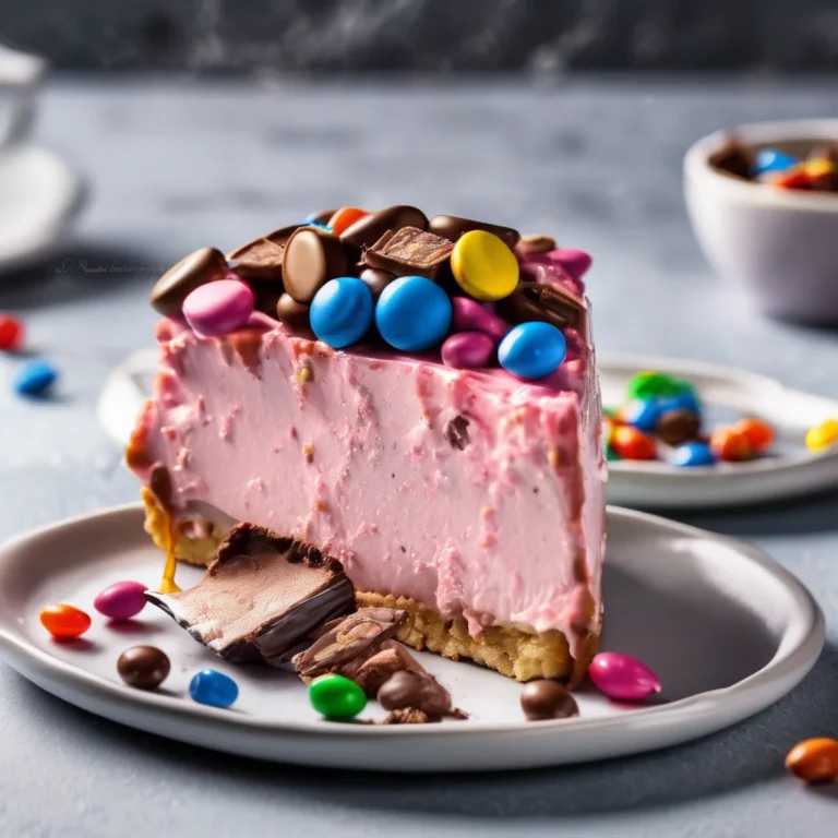 Pink Snickers Cheesecake on a decorative cake stand, topped with whipped cream and M&Ms.