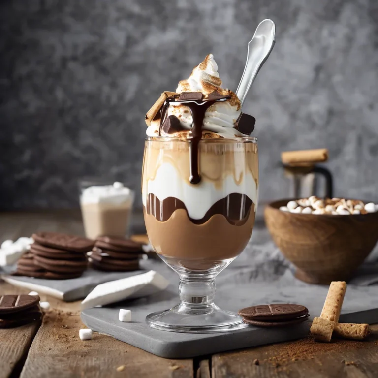 S'mores Milkshake in mason jar with torched marshmallow, chocolate drizzle, and graham cracker rim - campfire dessert with golden hour lighting.