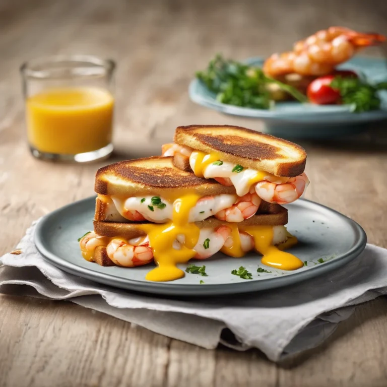Golden shrimp grilled cheese with melted Gruyère, plump shrimp, and Parmesan crust on rustic board, served with tomato soup - beachside bistro style.