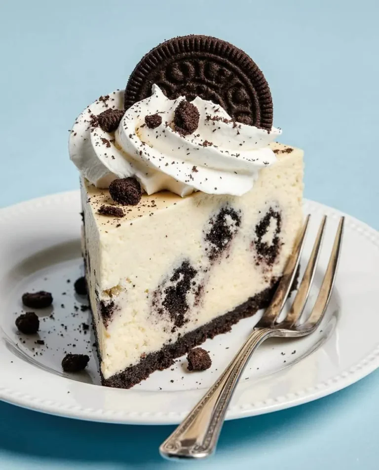 Close-up of a rich Oreo cheesecake slice topped with whipped cream and a whole Oreo cookie, served on a white plate with a blue kitchen table like sky—perfect dessert inspiration for Oreo lovers and cheesecake fans.