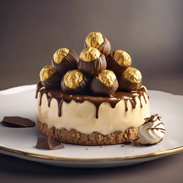 No-Bake Ferrero Rocher Cheesecake with gold leaf and hazelnuts on marble stand, featuring glossy chocolate drizzle and festive presentation.