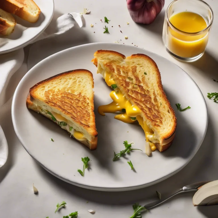 Golden Garlic Bread Grilled Cheese with melted provolone and mozzarella, sliced on wooden board. Rustic comfort food with crispy crust and parsley garnish.